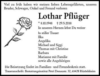 Traueranzeige von Lothar Pflüger von Trauerportal Rhein Main Presse