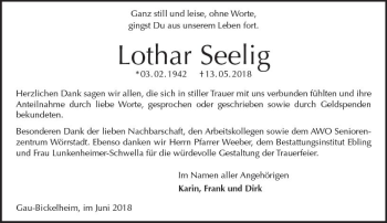 Traueranzeige von Lothar Seelig von Trauerportal Rhein Main Presse