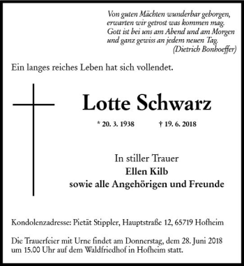 Traueranzeige von Lotte Schwarz von Trauerportal Rhein Main Presse