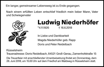 Traueranzeige von Ludwig Niederhöfer von Trauerportal Rhein Main Presse