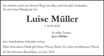 Traueranzeige von Luise Müller von Trauerportal Rhein Main Presse