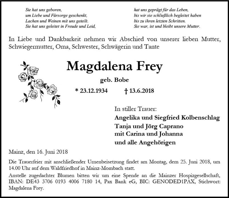  Traueranzeige für Magdalena Frey vom 16.06.2018 aus Trauerportal Rhein Main Presse