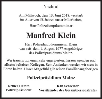 Traueranzeige von Manfred Klein von Trauerportal Rhein Main Presse