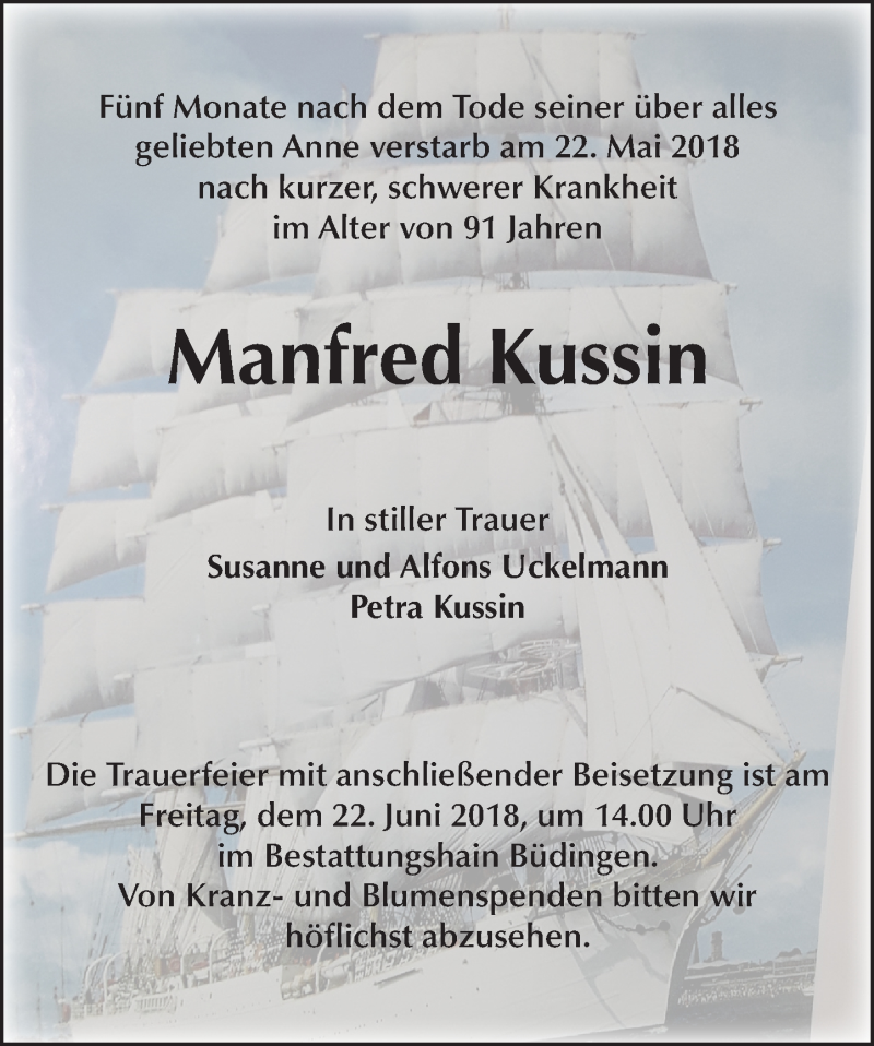  Traueranzeige für Manfred Kussin vom 16.06.2018 aus  Kreisanzeiger