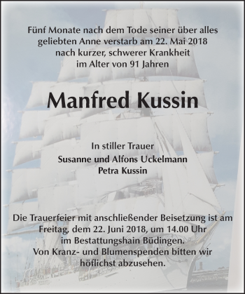 Traueranzeige von Manfred Kussin von  Kreisanzeiger