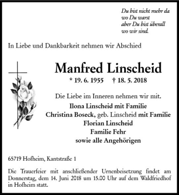 Traueranzeige von Manfred Linscheid von Trauerportal Rhein Main Presse