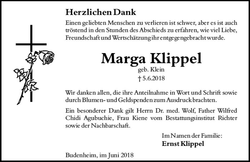  Traueranzeige für Marga Klippel vom 23.06.2018 aus Trauerportal Rhein Main Presse