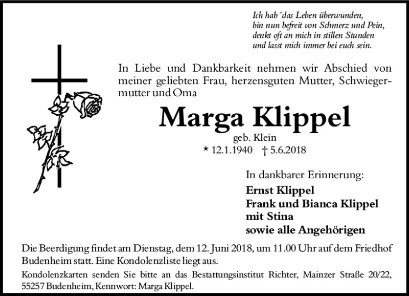  Traueranzeige für Marga Klippel vom 09.06.2018 aus Trauerportal Rhein Main Presse