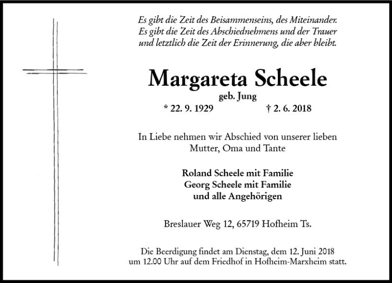  Traueranzeige für Margareta Scheele vom 08.06.2018 aus Trauerportal Rhein Main Presse