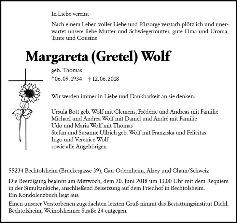  Traueranzeige für Margareta Wolf vom 16.06.2018 aus Trauerportal Rhein Main Presse