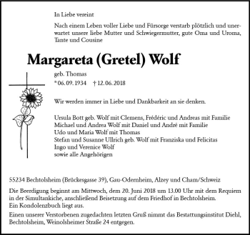 Traueranzeige von Margareta Wolf von Trauerportal Rhein Main Presse