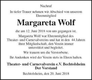 Traueranzeige von Margareta Wolf von Trauerportal Rhein Main Presse