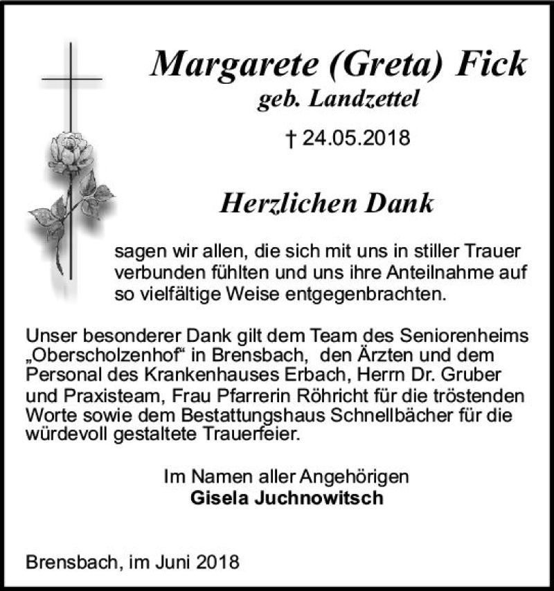 Traueranzeige für Margarete Fick vom 30.06.2018 aus Trauerportal Rhein Main Presse