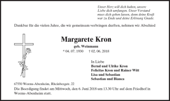 Traueranzeige von Margarete Kron von Trauerportal Rhein Main Presse
