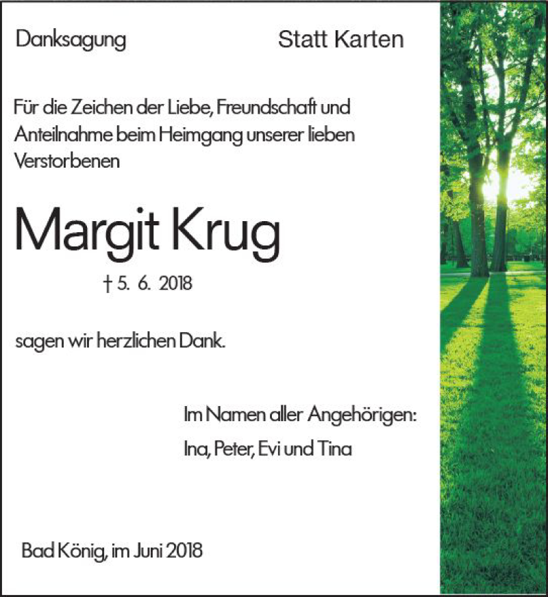 Traueranzeige für Margit Krug vom 30.06.2018 aus Trauerportal Rhein Main Presse
