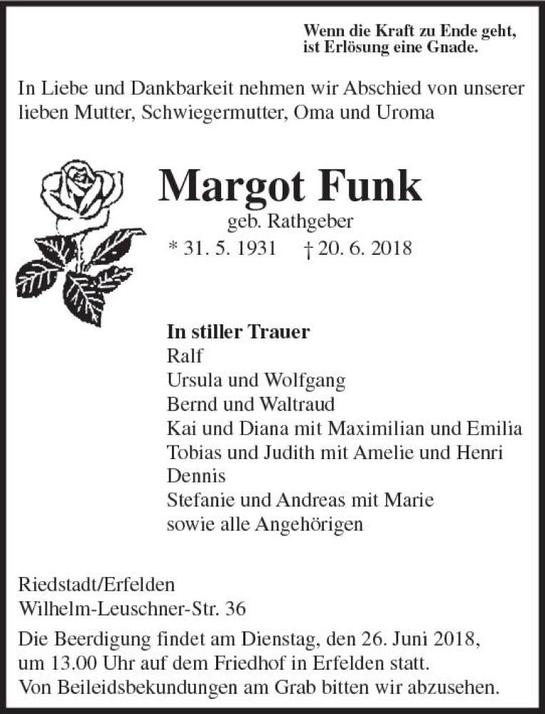  Traueranzeige für Margot Funk vom 23.06.2018 aus Trauerportal Rhein Main Presse