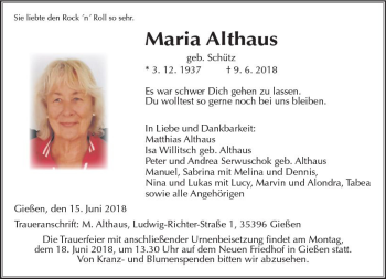 Traueranzeige von Maria Althaus von  Gießener Anzeiger