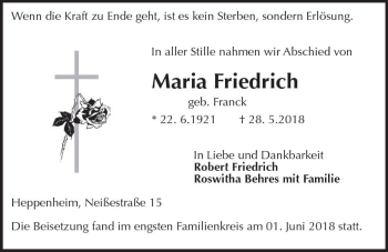 Traueranzeige von Maria Friedrich von Trauerportal Rhein Main Presse