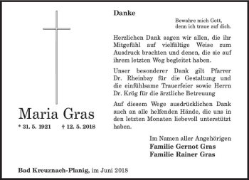Traueranzeige von Maria Gras von Trauerportal Rhein Main Presse