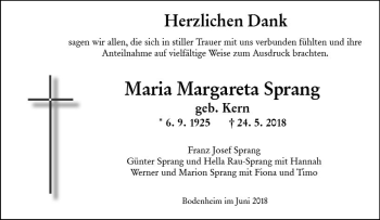 Traueranzeige von Maria Margareta Sprang von Trauerportal Rhein Main Presse