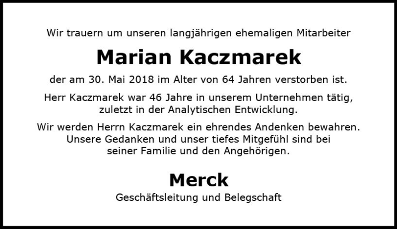  Traueranzeige für Marian Kaczmarek vom 16.06.2018 aus Trauerportal Rhein Main Presse