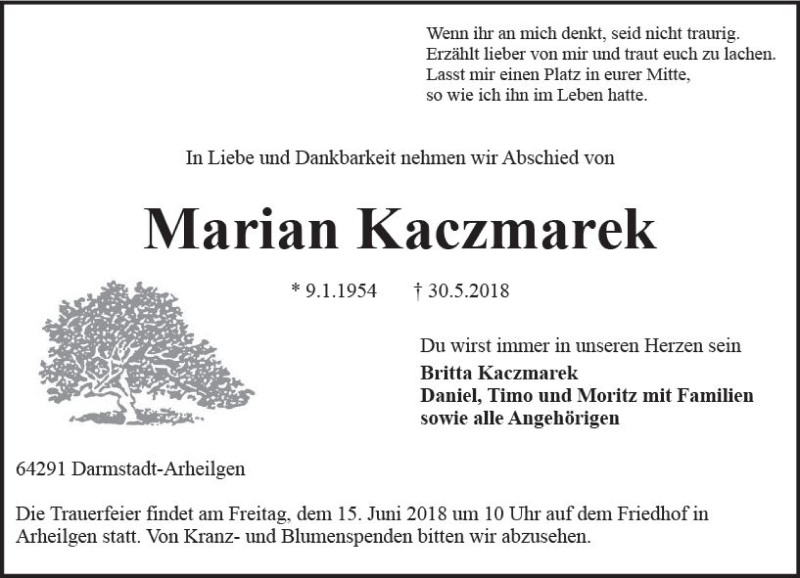  Traueranzeige für Marian Kaczmarek vom 09.06.2018 aus Trauerportal Rhein Main Presse
