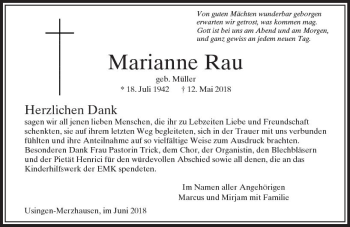 Traueranzeige von Marianne Rau von  Usinger Anzeiger