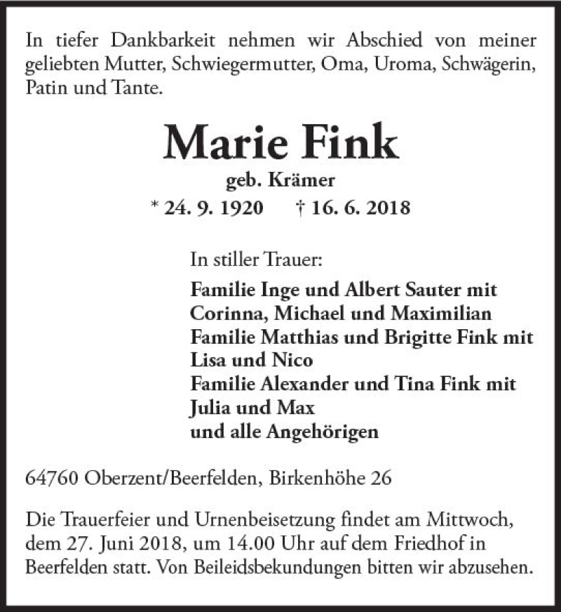 Traueranzeige für Marie Fink vom 23.06.2018 aus Trauerportal Rhein Main Presse