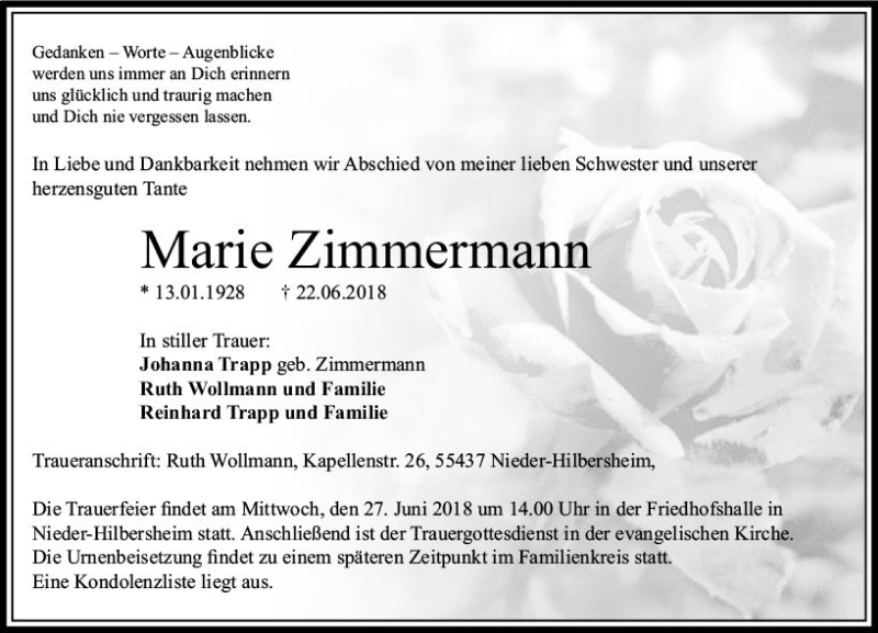  Traueranzeige für Marie Zimmermann vom 25.06.2018 aus Trauerportal Rhein Main Presse