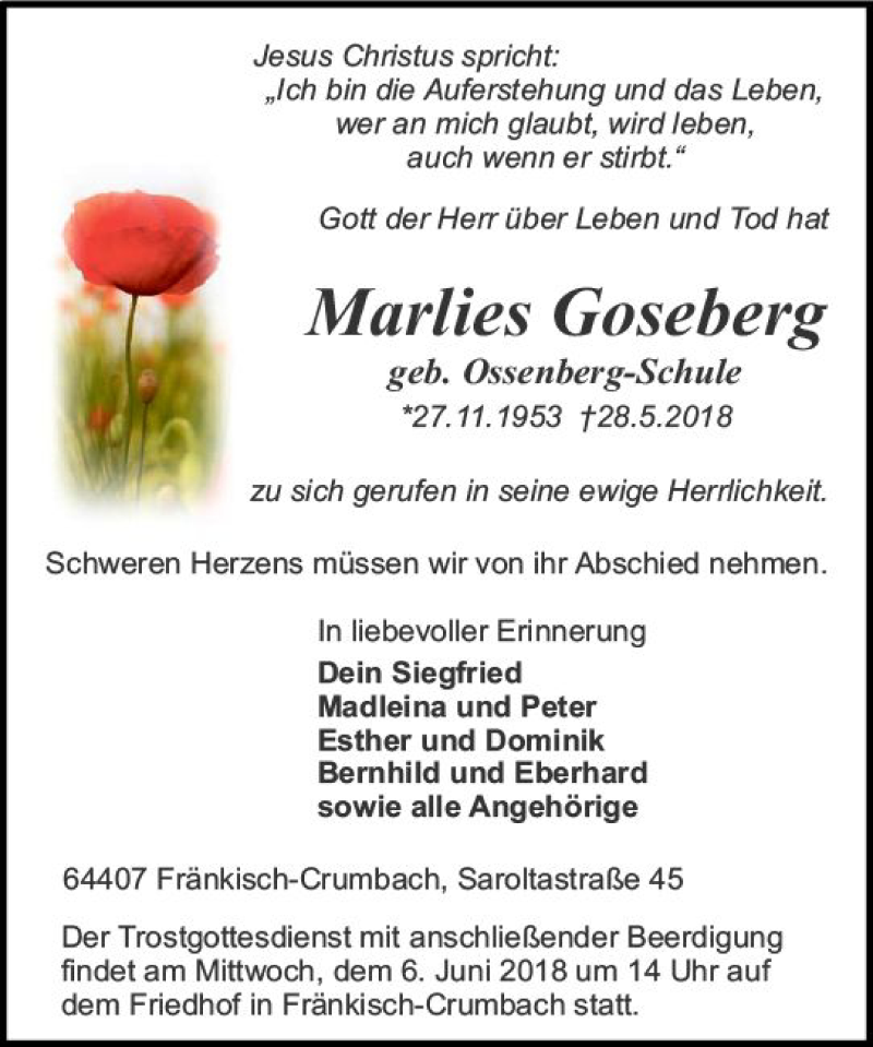  Traueranzeige für Marlies Goseberg vom 02.06.2018 aus Trauerportal Rhein Main Presse
