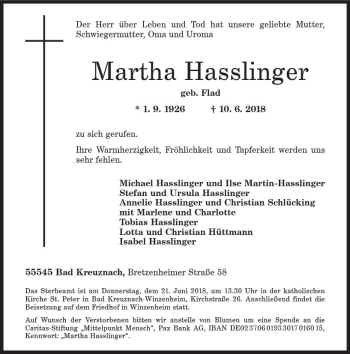 Traueranzeige von Martha Hasslinger von Trauerportal Rhein Main Presse