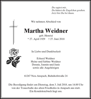 Traueranzeige von Martha Weidner von  Usinger Anzeiger