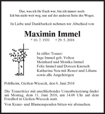 Traueranzeige von Maximin Immel von  Gießener Anzeiger