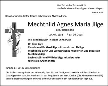 Traueranzeige von Mechthild Agnes Maria Jilge von Trauerportal Rhein Main Presse