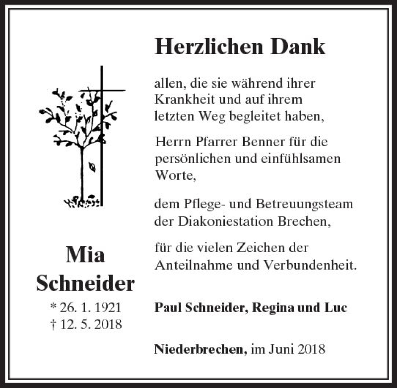  Traueranzeige für Mia Schneider vom 28.06.2018 aus  Camberger Anzeiger