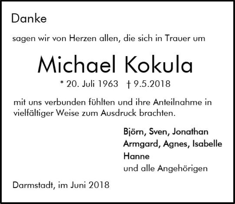  Traueranzeige für Michael Kokula vom 16.06.2018 aus Trauerportal Rhein Main Presse