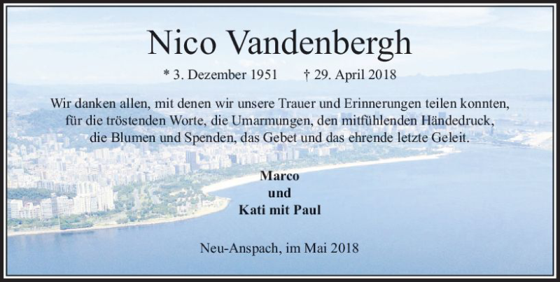  Traueranzeige für Nico Vandenbergh vom 02.06.2018 aus  Usinger Anzeiger