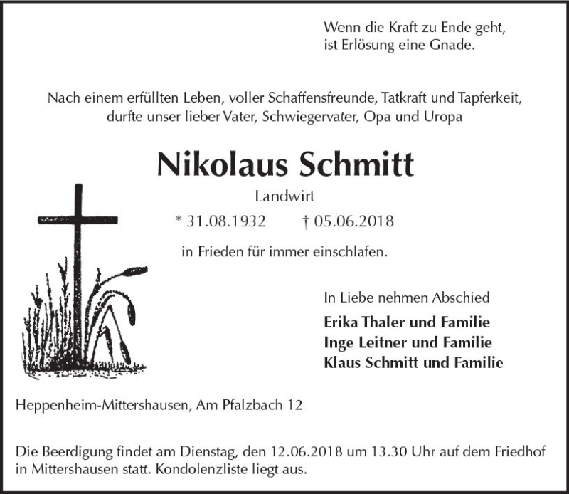  Traueranzeige für Nikolaus Schmitt vom 09.06.2018 aus Trauerportal Rhein Main Presse