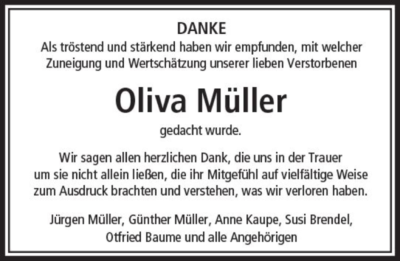  Traueranzeige für Oliva Müller vom 01.06.2018 aus  Camberger Anzeiger