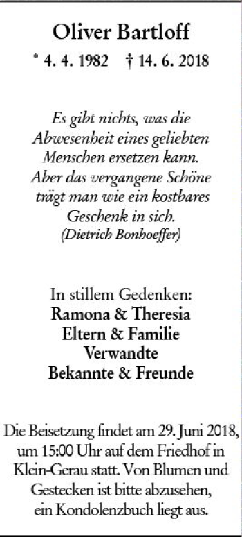 Traueranzeige von Oliver Bartloff von Trauerportal Rhein Main Presse