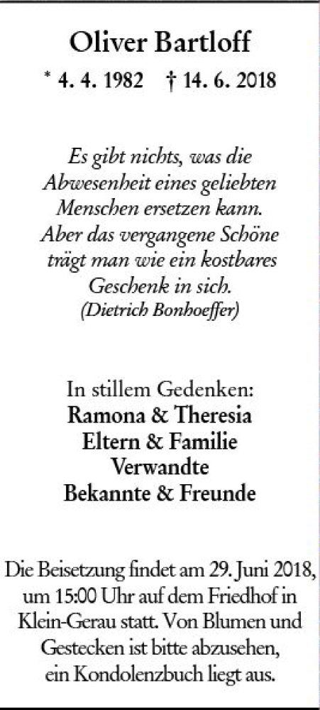  Traueranzeige für Oliver Bartloff vom 28.06.2018 aus Trauerportal Rhein Main Presse