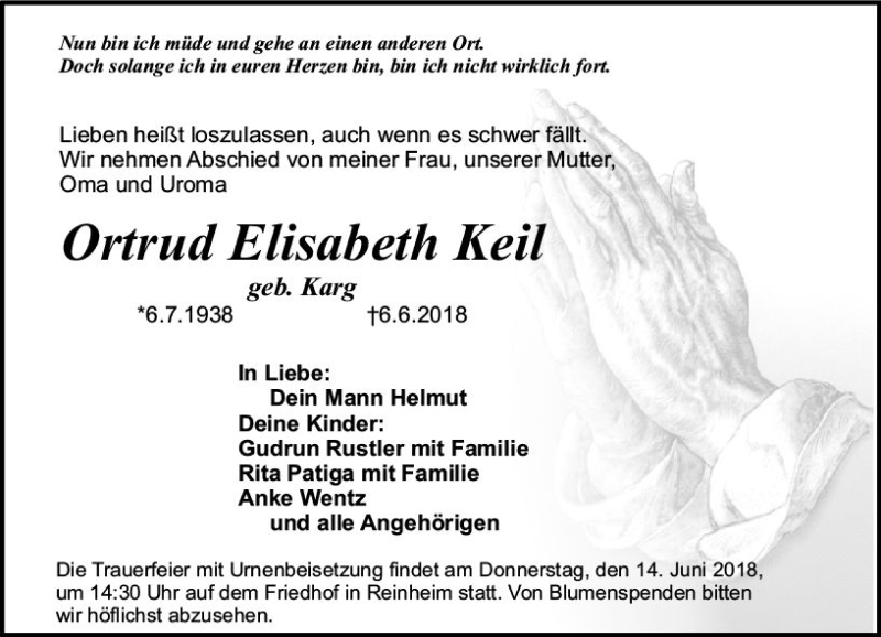  Traueranzeige für Ortrud Elisabeth Keil vom 09.06.2018 aus Trauerportal Rhein Main Presse