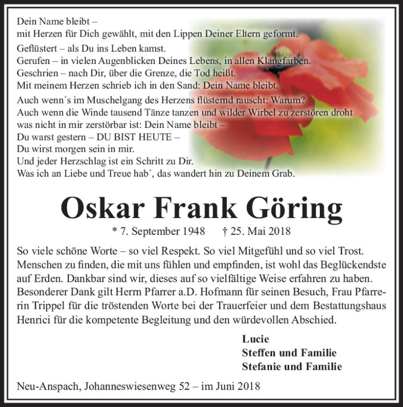 Traueranzeige für Oskar Frank Göring vom 23.06.2018 aus  Usinger Anzeiger