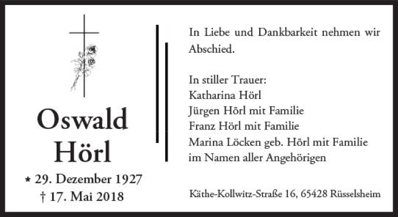 Traueranzeige für Oswald Hörl vom 06.06.2018 aus Trauerportal Rhein Main Presse