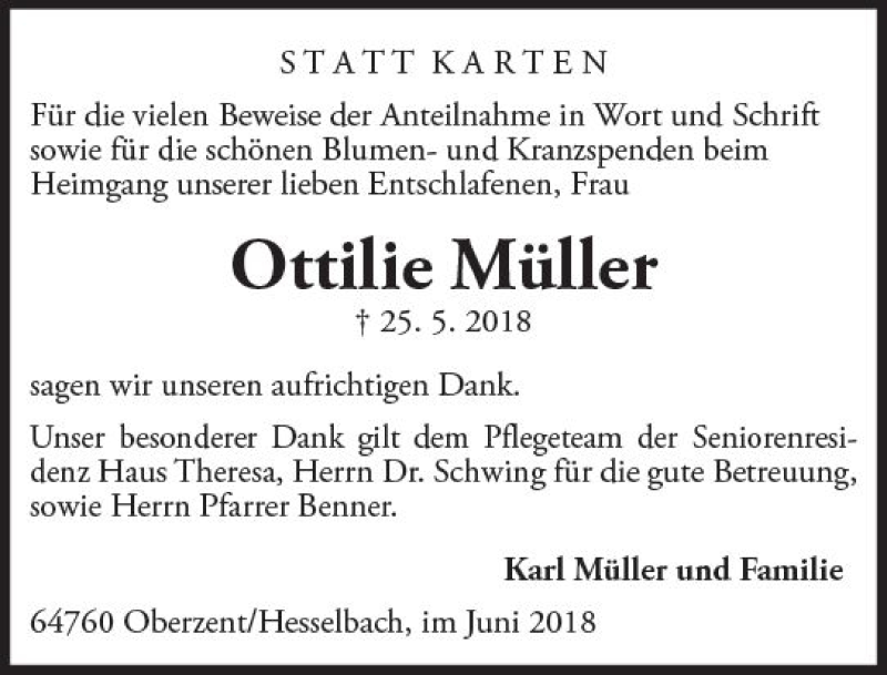 Traueranzeige für Ottilie Müller vom 23.06.2018 aus Trauerportal Rhein Main Presse