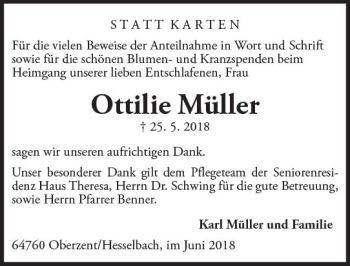 Traueranzeige von Ottilie Müller von Trauerportal Rhein Main Presse