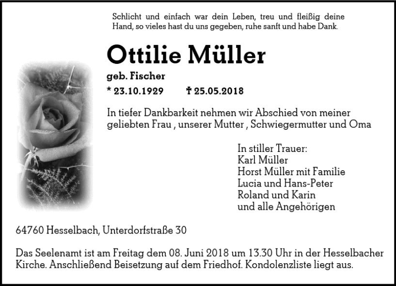  Traueranzeige für Ottilie Müller vom 01.06.2018 aus Trauerportal Rhein Main Presse