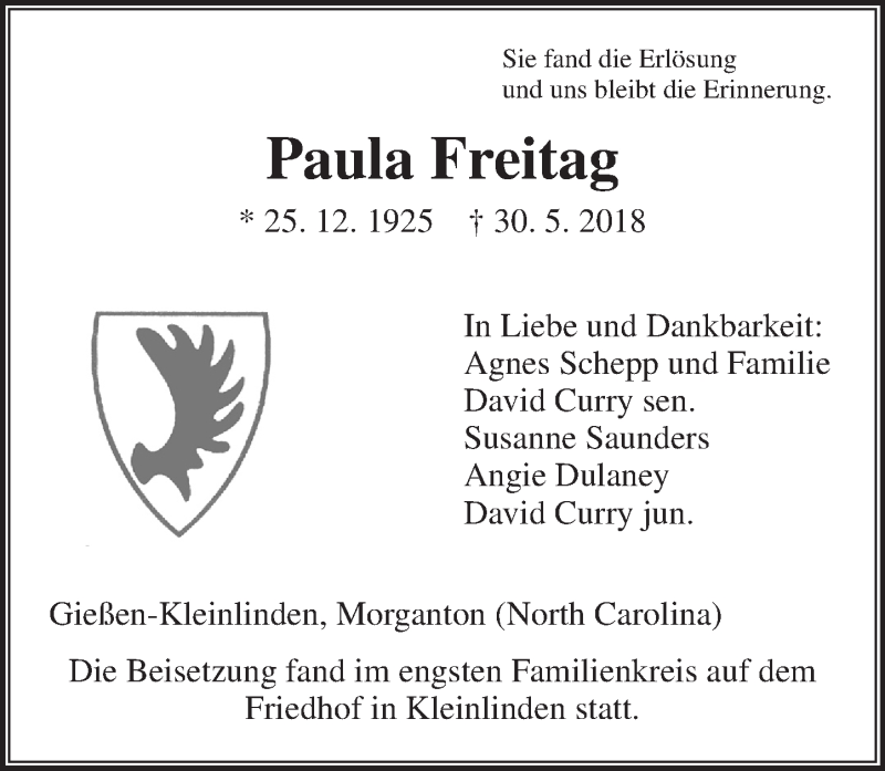  Traueranzeige für Paula Freitag vom 16.06.2018 aus  Gießener Anzeiger