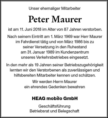 Traueranzeige von Peter Maurer von Trauerportal Rhein Main Presse