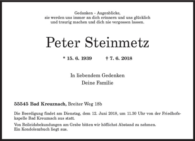  Traueranzeige für Peter Steinmetz vom 09.06.2018 aus Trauerportal Rhein Main Presse